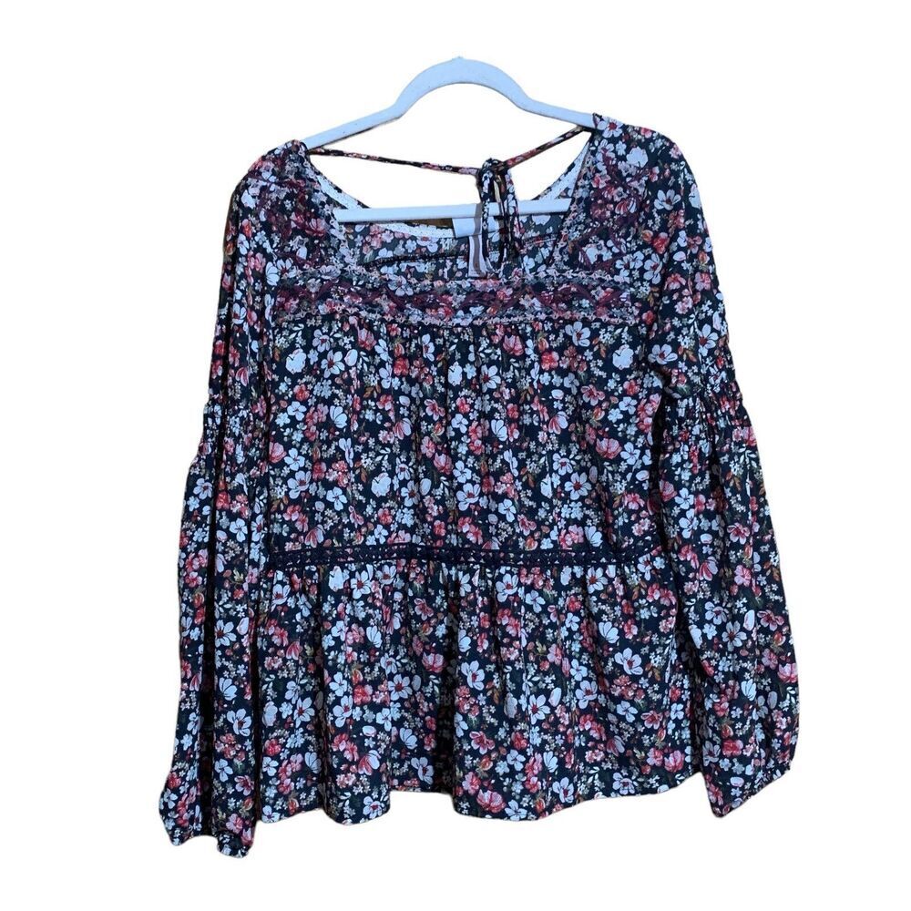 Knox Rose Top Womens Large Multicolor Floral Print Square Neck Flowy Blouse